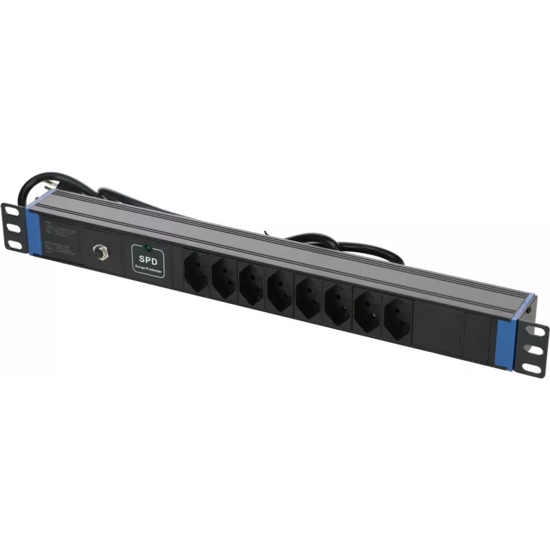 Régua de tomadas suíças DSIT DS-8PDU-CH-SPO 8 tomadas com proteção contra sobretensão e sobrecarga, cabo 1,8 m, preta