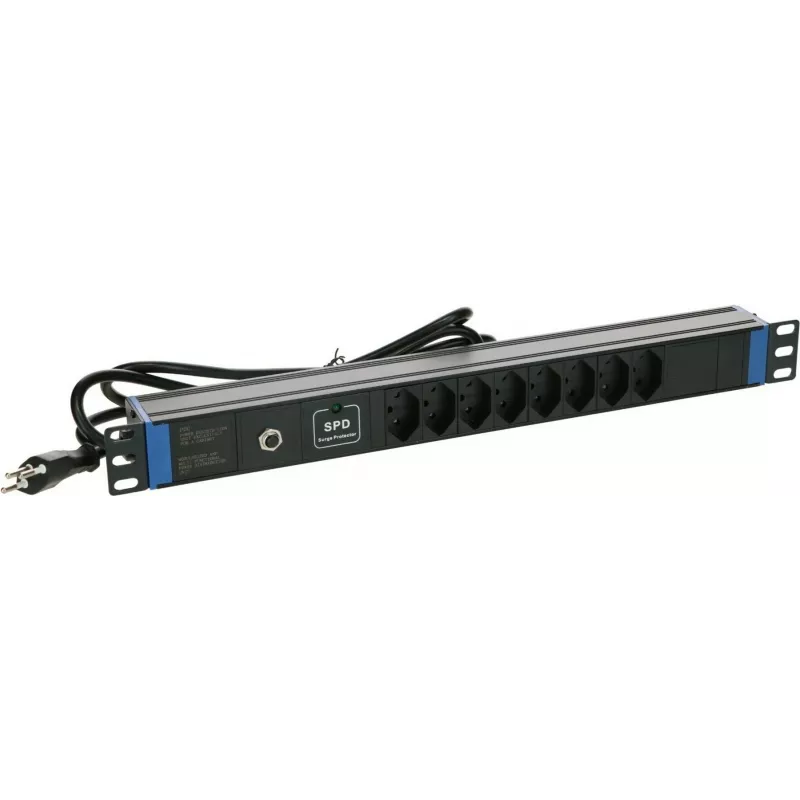 Régua de tomadas suíças DSIT DS-8PDU-CH-SPO 8 tomadas com proteção contra sobretensão e sobrecarga, cabo 1,8 m, preta