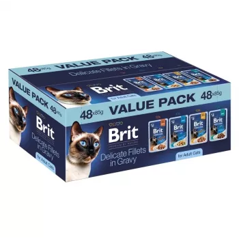 Brit Delicate Fillets em molho para gatos adultos - pack múltiplo 48x85g (frango, vaca, peru, salmão)
