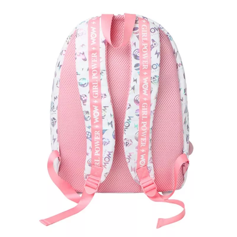 Mochila escolar grande A4 para menina KIDS Wow Holo Holographic Rosa com pompom - Wow00022