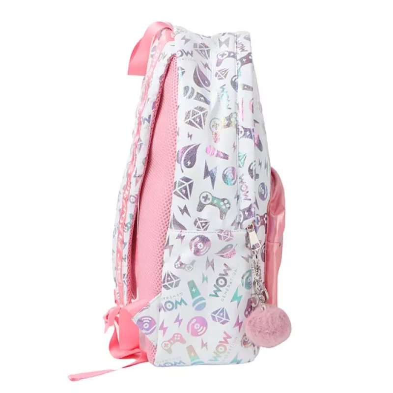 Mochila escolar grande A4 para menina KIDS Wow Holo Holographic Rosa com pompom - Wow00022