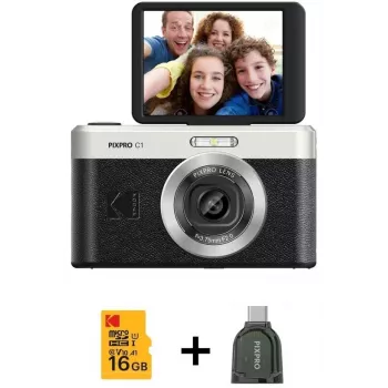 Câmara digital compacta KODAK PixPro C1 preta com cartão SDHC de 16GB