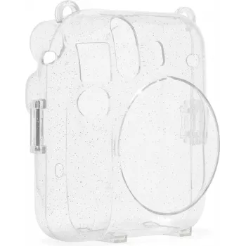 Capa com brilho Fujifilm Instax Mini 12 - Bolsa para câmara transparente com brilho e alça ajustável, fecho magnético, proteção personalizada em pele PU e PVC para Instax Mini 12