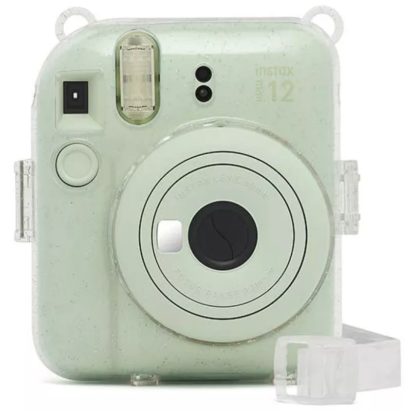 Capa com brilho Fujifilm Instax Mini 12 - Bolsa para câmara transparente com brilho e alça ajustável, fecho magnético, proteção personalizada em pele PU e PVC para Instax Mini 12