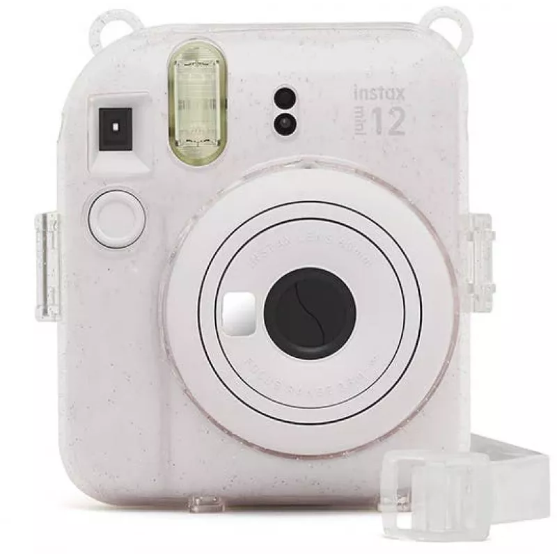 Capa com brilho Fujifilm Instax Mini 12 - Bolsa para câmara transparente com brilho e alça ajustável, fecho magnético, proteção personalizada em pele PU e PVC para Instax Mini 12