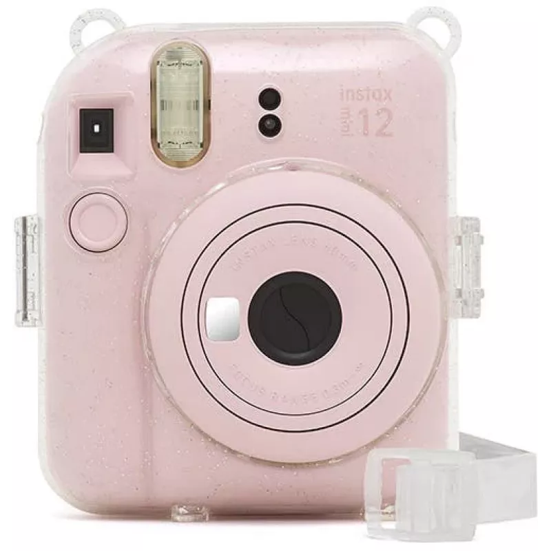 Capa com brilho Fujifilm Instax Mini 12 - Bolsa para câmara transparente com brilho e alça ajustável, fecho magnético, proteção personalizada em pele PU e PVC para Instax Mini 12