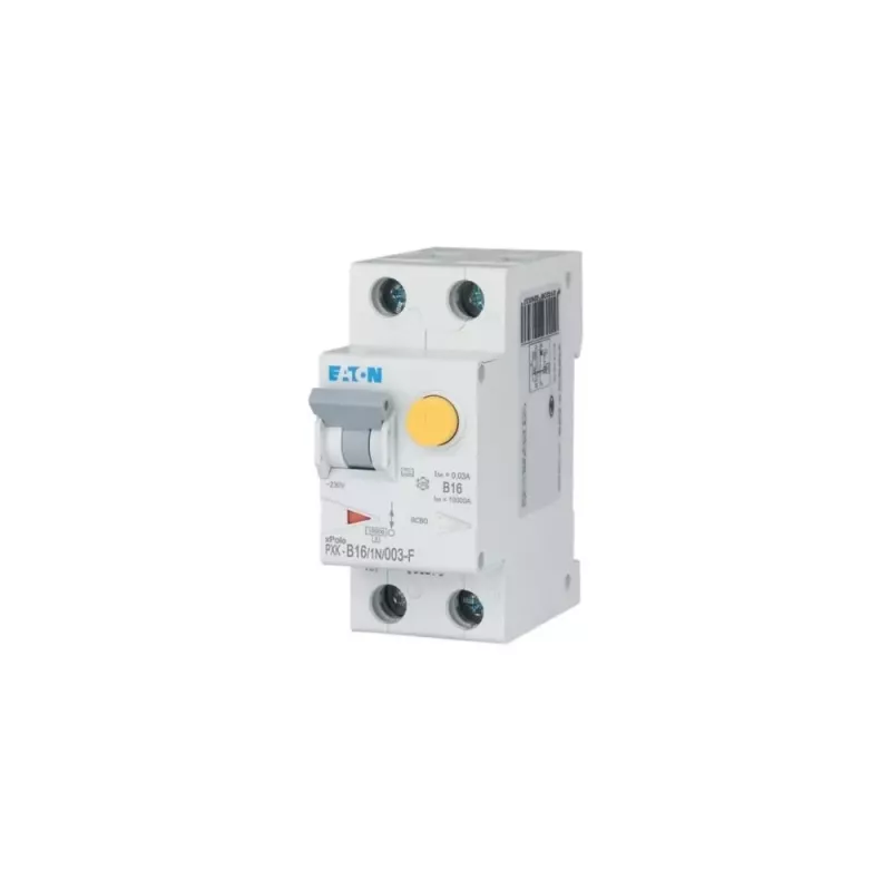 Interruptor combinado RCBO Eaton PXK-B16/1N/003-F, B16 1P+N 30mA Tipo A, 230V, 6kA, 2TE