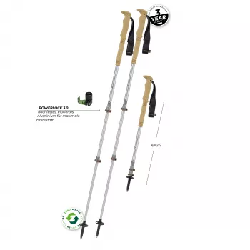 Bastões de trekking telescópicos Komperdell Explorer Zero Cork, 3 secções alumínio 7075-T6, Powerlock 3.0, punho de cortiça, pratos Vario