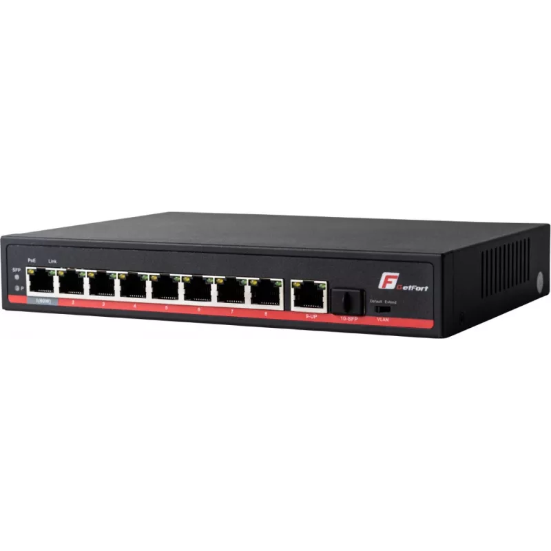 GETFORT GF-110-8PG-S-120 Switch Gigabit PoE+ 10 portas com 8 portas PoE+, 1 uplink, 1 SFP, 120W Budget, Unmanaged, Sem ventoinha, Desktop