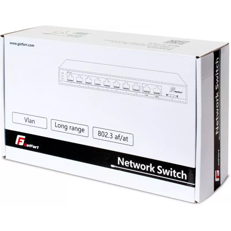GETFORT GF-210D-8P-120 Switch PoE+ 10 portas com 8 portas Fast Ethernet PoE e 2 uplinks Gigabit, 120W Budget, Unmanaged, Desktop/Montagem na parede