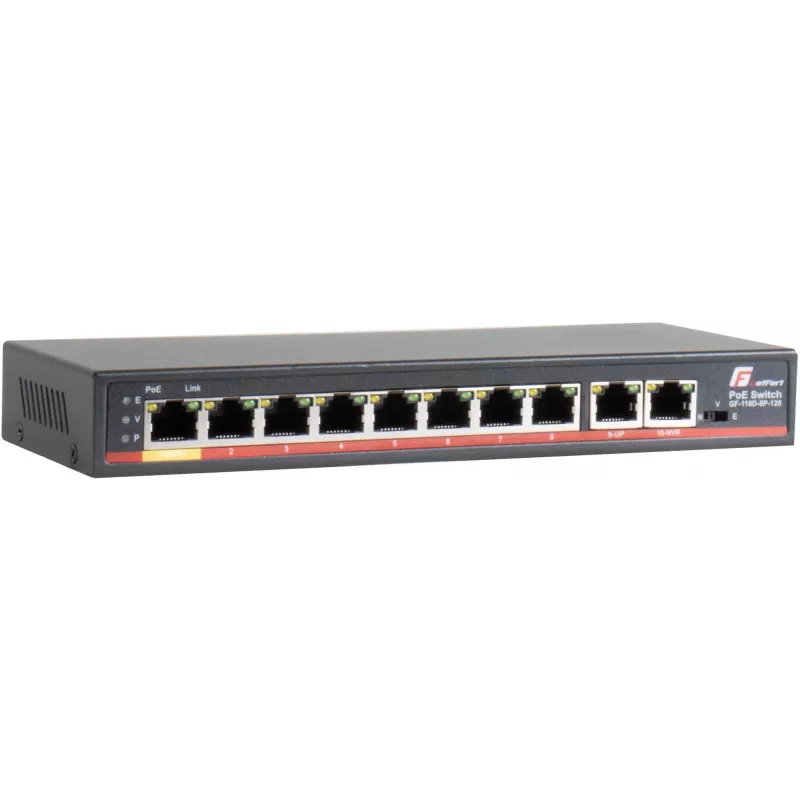 GETFORT GF-110D-8P-120 Switch PoE+ 10 portas com 8 portas PoE e 2 portas uplink, 120W Budget, Unmanaged, Desktop/Montagem na parede
