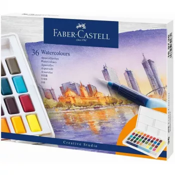 Faber-Castell Creative Studio Conjunto de aguarelas, 36 cores em pastilhas sólidas com pincel e esponja, paleta de mistura na tampa, Student Grade, transparente, recarregável, caixa de plástico portátil