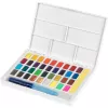Faber-Castell Creative Studio Conjunto de aguarelas, 36 cores em pastilhas sólidas com pincel e esponja, paleta de mistura na tampa, Student Grade, transparente, recarregável, caixa de plástico portátil