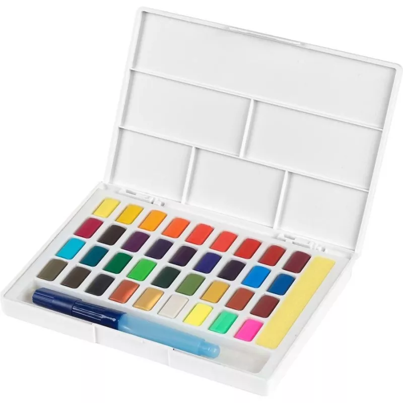 Faber-Castell Creative Studio Conjunto de aguarelas, 36 cores em pastilhas sólidas com pincel e esponja, paleta de mistura na tampa, Student Grade, transparente, recarregável, caixa de plástico portátil