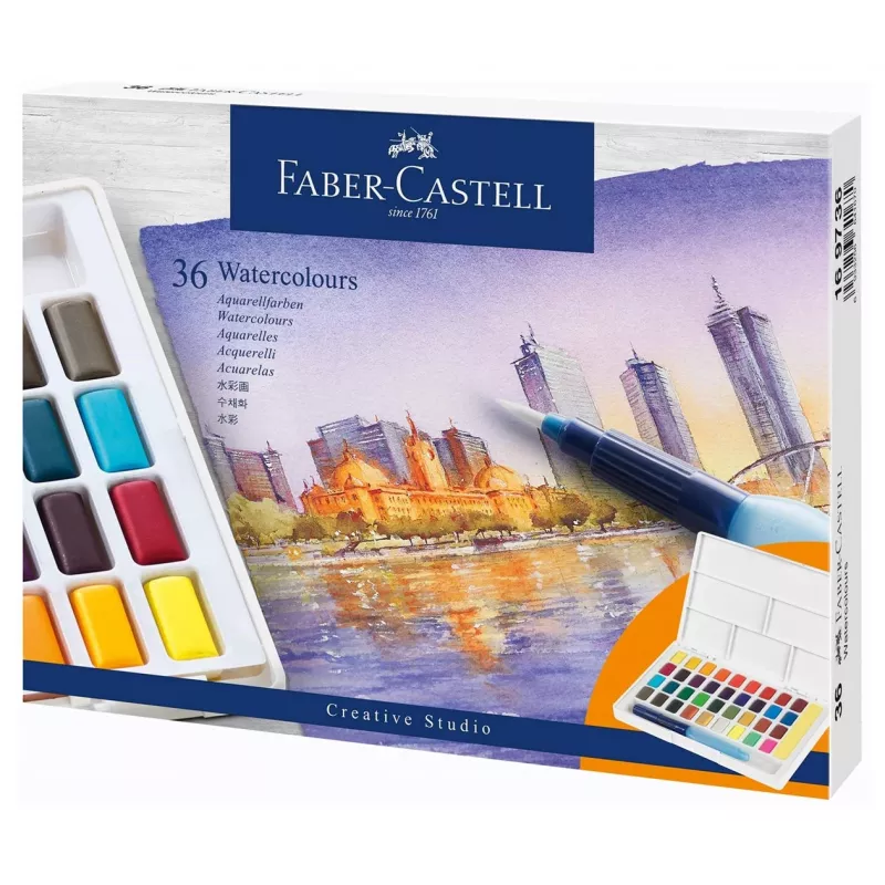 Faber-Castell Creative Studio Conjunto de aguarelas, 36 cores em pastilhas sólidas com pincel e esponja, paleta de mistura na tampa, Student Grade, transparente, recarregável, caixa de plástico portátil