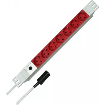 Régua de tomadas PDU Kopp 19 polegadas 7 tomadas em alumínio com entrada IEC C14, montagem em rack 1U, 16 A, tomadas Schuko