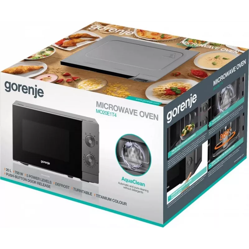 Micro-ondas simples de instalação livre Gorenje MO20E1T4, 20 L, 800 W, controlo eletrónico, prateado