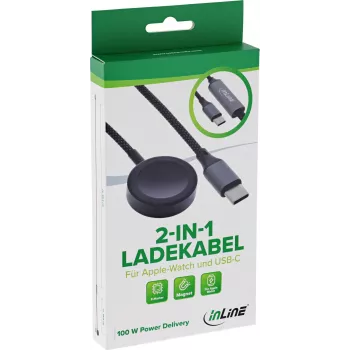 InLine® Cabo de carregamento 2 em 1 para Apple Watch + USB-C, 100 W, USB 2.0, 1,2 m