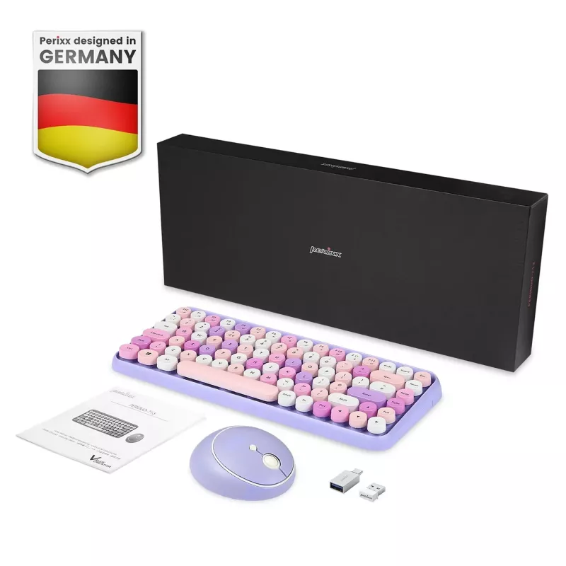 Perixx PERIDUO-713PP DE conjunto de teclado e rato mini sem fios, design retro-vintage, roxo, layout alemão