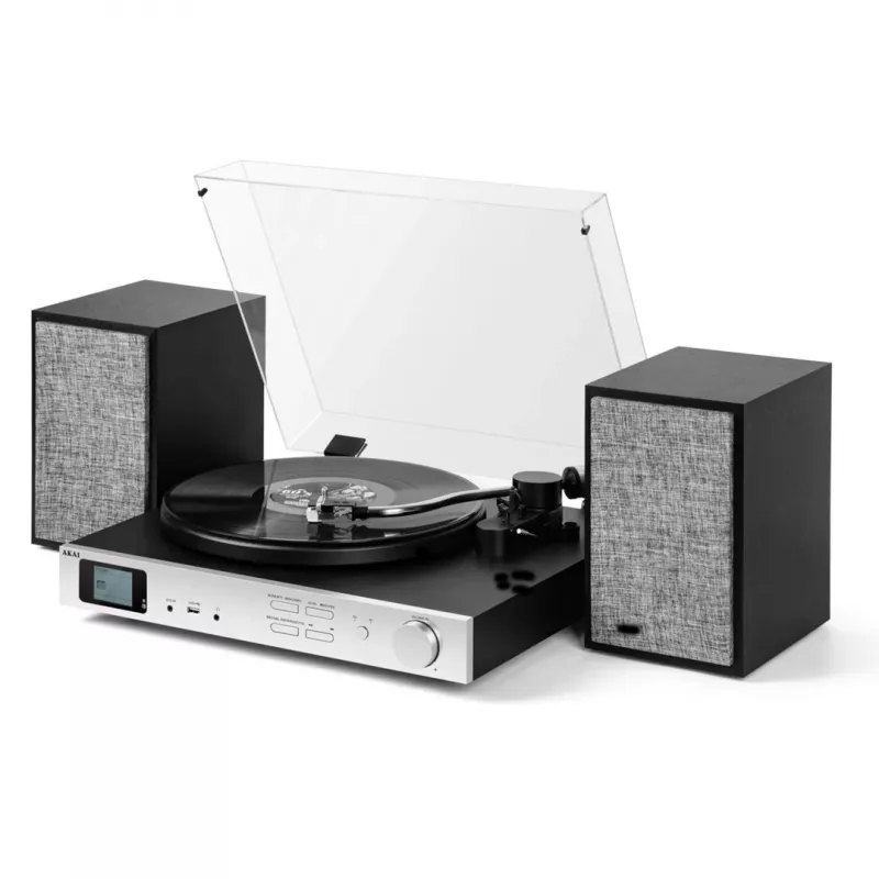 AKAI ATT-500SP Gira-discos com acionamento por correia, altifalantes externos, Bluetooth, gravação USB, Preto