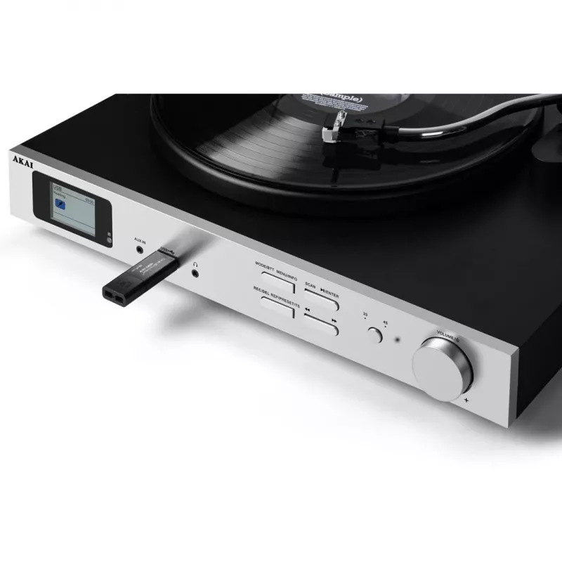 AKAI ATT-500SP Gira-discos com acionamento por correia, altifalantes externos, Bluetooth, gravação USB, Preto