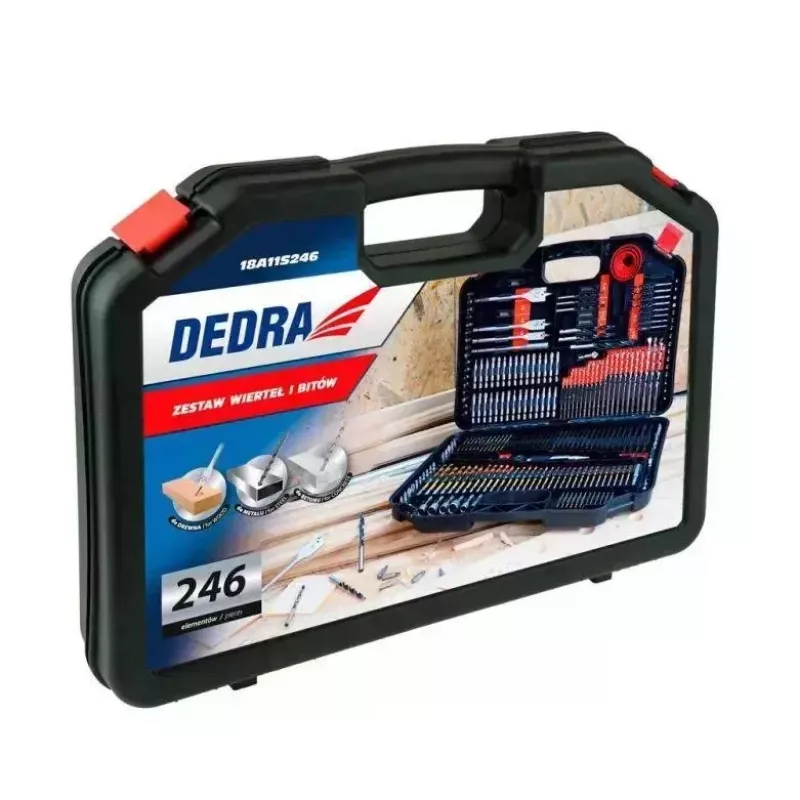 DEDRA 18A11S246 Conjunto de 246 peças de brocas e pontas de aparafusar com brocas HSS, para madeira, para alvenaria e pontas CrV em mala de plástico