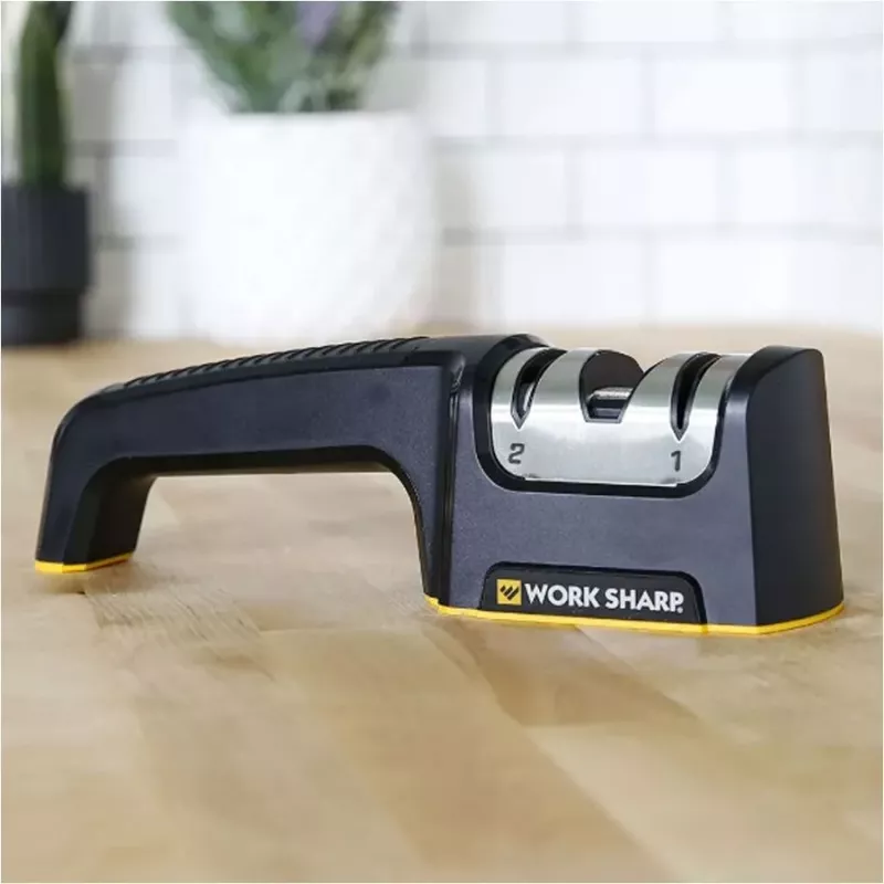 Work Sharp Afiador de facas de cozinha com mecanismo de puxar, 2 fases, metal duro e cerâmica, preto/prateado