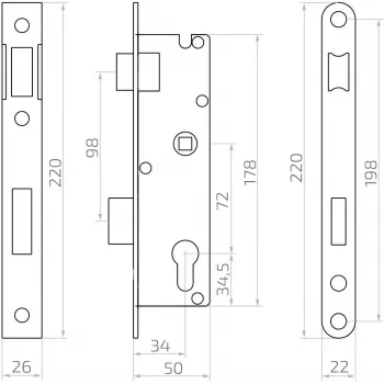 PSG 63.211 L/P Fechadura de embutir com lingueta e ferrolho, substituível, chapa frontal 220 x 22 mm, 72 mm PZ, 50 mm entre-eixos, aço zincado