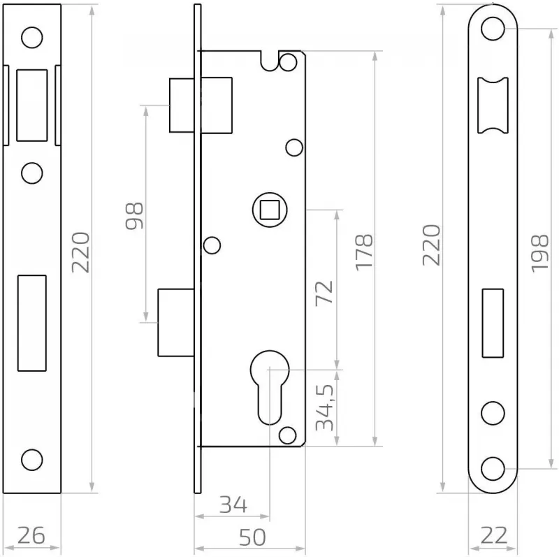 PSG 63.211 L/P Fechadura de embutir com lingueta e ferrolho, substituível, chapa frontal 220 x 22 mm, 72 mm PZ, 50 mm entre-eixos, aço zincado
