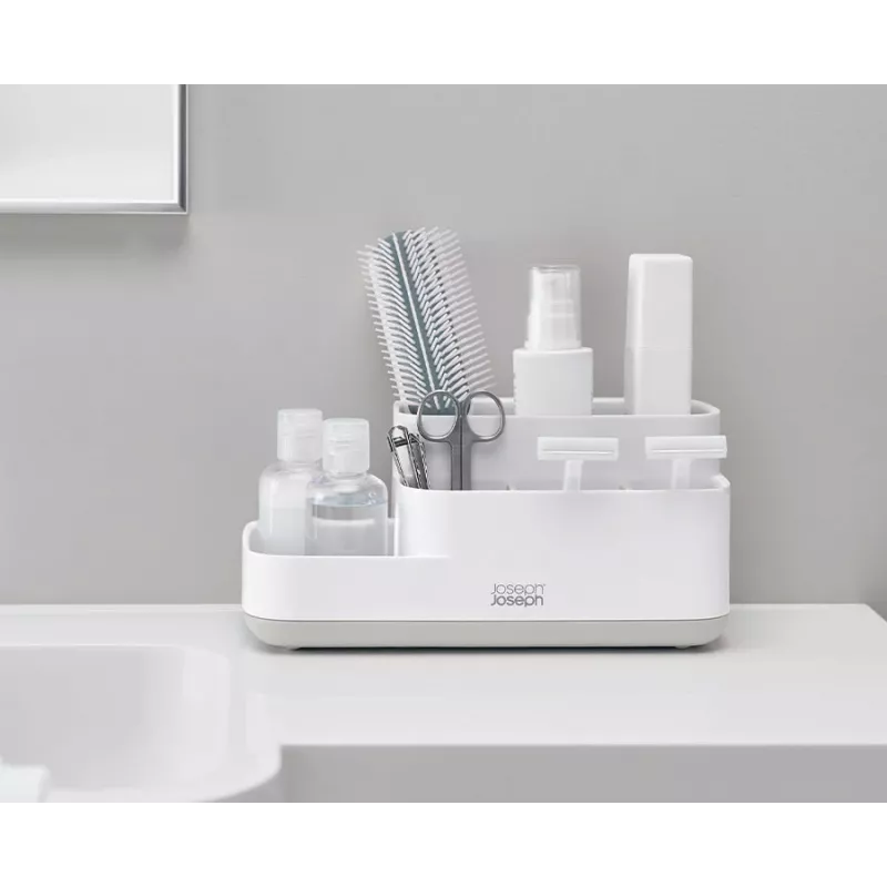 Joseph Joseph EasyStore Organizador de casa de banho branco/cinzento - Organizador compacto com vários compartimentos e drenagem ventilada