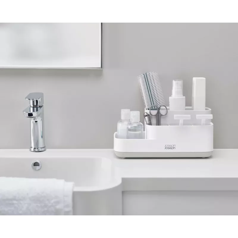 Joseph Joseph EasyStore Organizador de casa de banho branco/cinzento - Organizador compacto com vários compartimentos e drenagem ventilada