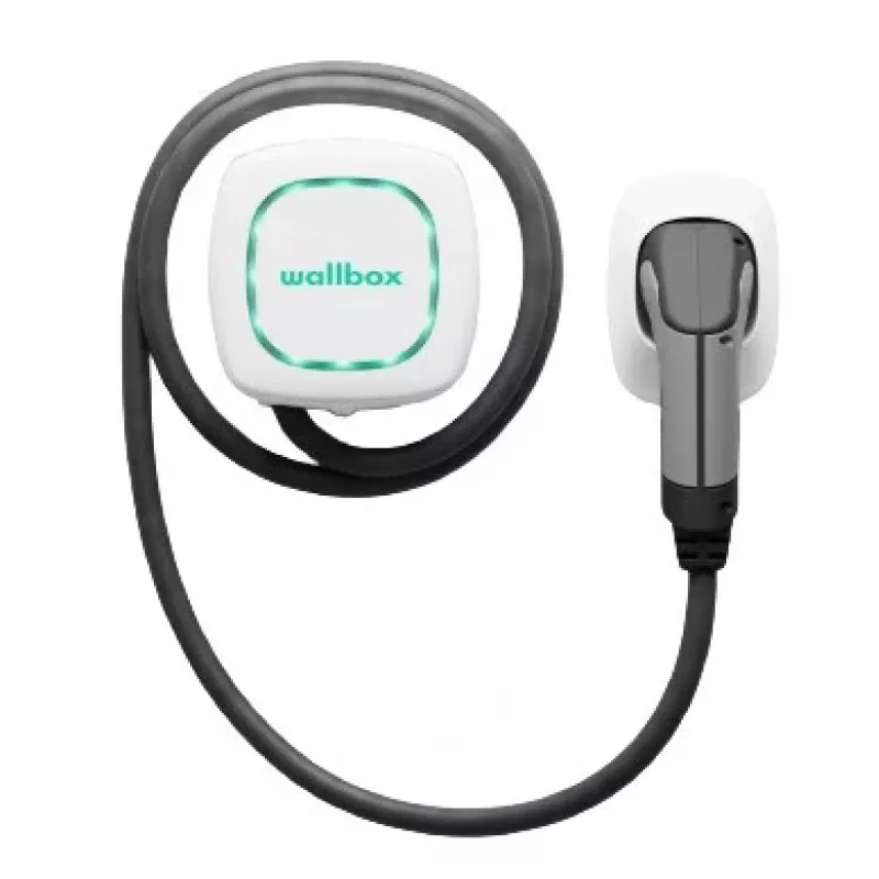 Estação de carregamento Wallbox Pulsar Plus 7,4 kW Type 2 para veículos elétricos, branca com cabo preto de 5m