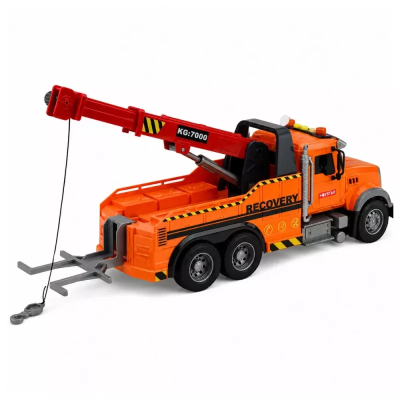 Camião de reboque com grua assistência em viagem gancho luzes sons laranja 1:18 LEAN TOYS