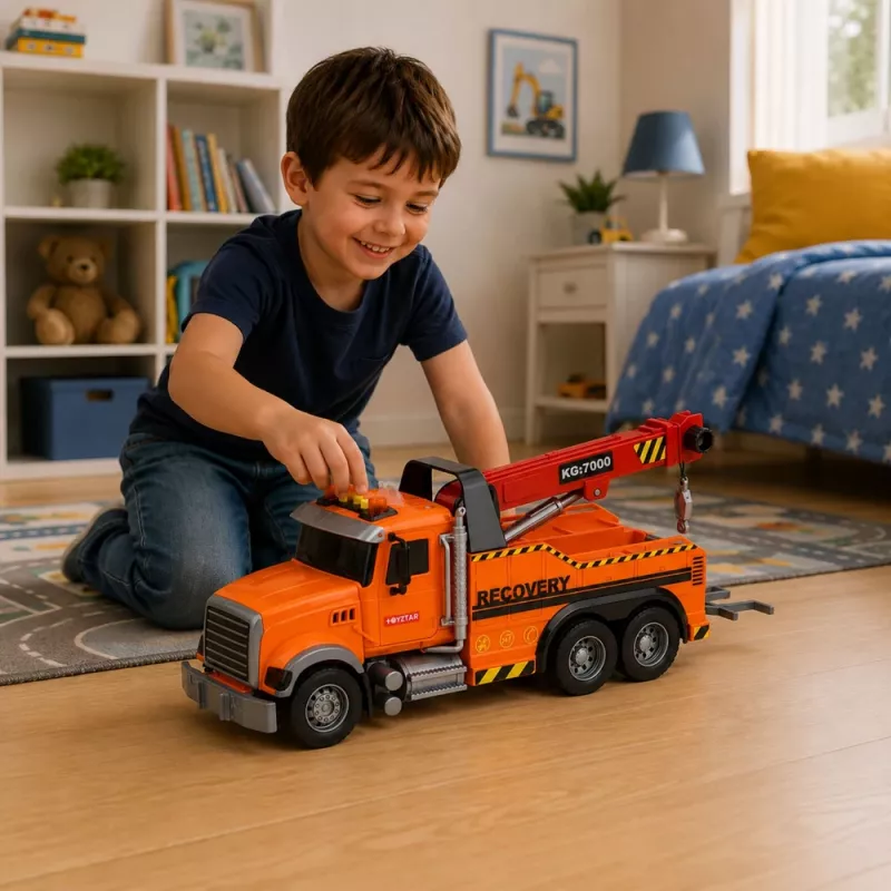 Camião de reboque com grua assistência em viagem gancho luzes sons laranja 1:18 LEAN TOYS