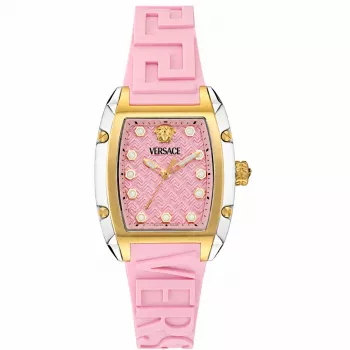 Versace VE8K00224 Relógio de quartzo para mulher, 45 mm, caixa de aço inoxidável cinzento, mostrador rosa, bracelete de silicone rosa