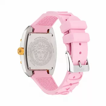 Versace VE8K00224 Relógio de quartzo para mulher, 45 mm, caixa de aço inoxidável cinzento, mostrador rosa, bracelete de silicone rosa