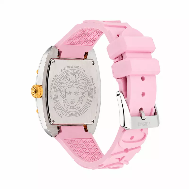 Versace VE8K00224 Relógio de quartzo para mulher, 45 mm, caixa de aço inoxidável cinzento, mostrador rosa, bracelete de silicone rosa