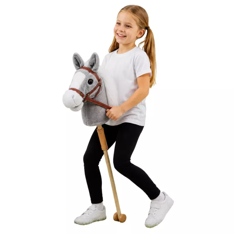 Cavalo de pau LEAN TOYS cavalo numa vara cabeça de cavalo galopar relinchar sons Cinzento 100 cm