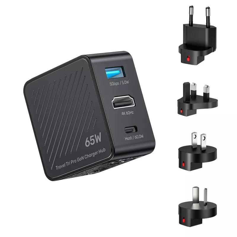Hub carregador de viagem GaN 3-em-1 UNITEK P1242ABK01 65W com HDMI 4K@60Hz, USB-A e USB-C
