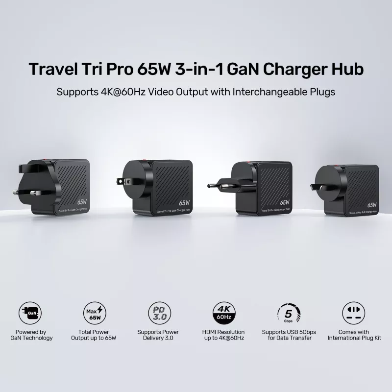 Hub carregador de viagem GaN 3-em-1 UNITEK P1242ABK01 65W com HDMI 4K@60Hz, USB-A e USB-C