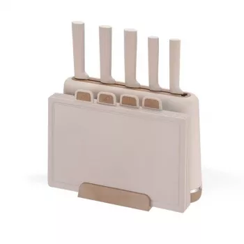 Conjunto de facas MEO MR-1412-BEIGE MAESTRO com tábuas de corte e suporte, 5 facas, 2 tábuas, bege