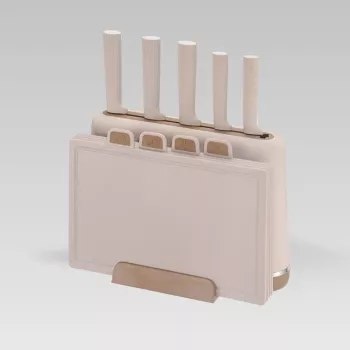 Conjunto de facas MEO MR-1412-BEIGE MAESTRO com tábuas de corte e suporte, 5 facas, 2 tábuas, bege