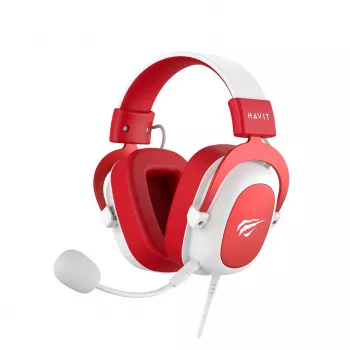 Auscultadores gaming com fios HAV H2002d com drivers de 50 mm, LED RGB, microfone com isolamento de ruído, branco/vermelho