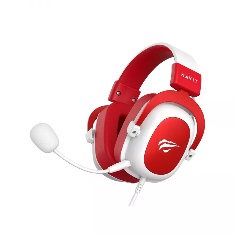 Auscultadores gaming com fios HAV H2002d com drivers de 50 mm, LED RGB, microfone com isolamento de ruído, branco/vermelho