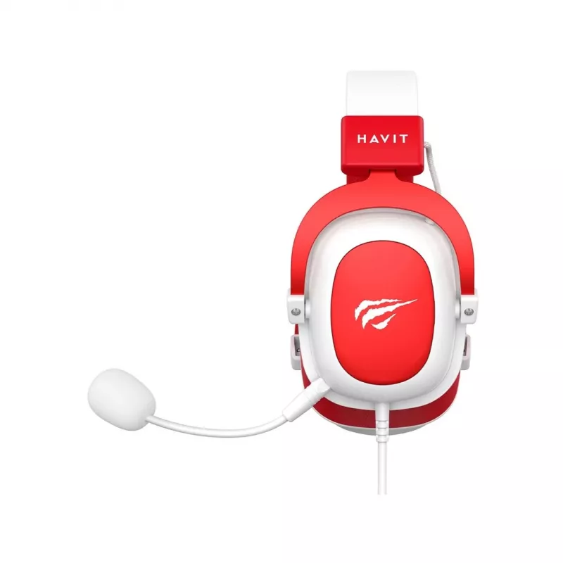 Auscultadores gaming com fios HAV H2002d com drivers de 50 mm, LED RGB, microfone com isolamento de ruído, branco/vermelho