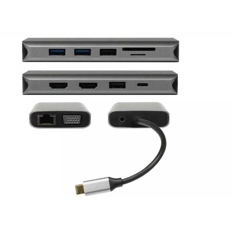 ALLNET PSUC0216 - USB 3.2 Gen 1 (3.1 Gen 1) Type-C - 3,5 mm - HDMI - RJ-45 - USB 2.0 - USB 3.2 Gen 1 (3.1 Gen 1) Type-A - USB 3.2 Gen 1 (3.1 Gen 1) Type-C - VGA - 3840 x 2160 píxeis - MicroSD (TransFlash) - SD - Cinzento - 100 W