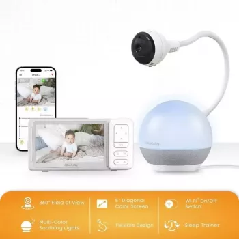 Chillax DM 610 Intercomunicador vídeo para bebé com treinador de sono girafa - LCD colorido 2,8 polegadas, 2,4 GHz FHSS, alcance de 300 m, visão noturna, função intercomunicador, sensor de temperatura, canções de embalar, luz noturna, montagem na parede, branco