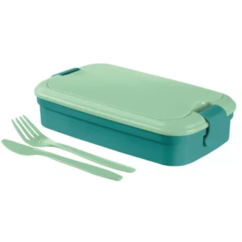 Recipiente retangular para alimentos CURVER Lunch&Go com talheres integrados, 1,4L, azul