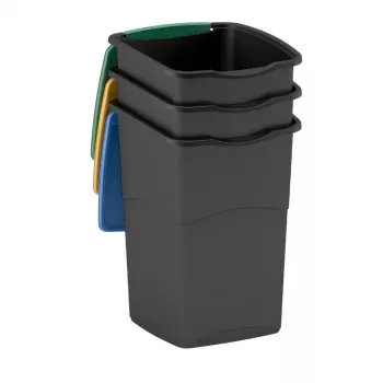 CURVER Conjunto de 3 baldes de lixo Koral 47L – Preto com tampas coloridas, tampas basculantes e de abrir, baldes interiores removíveis, reciclagem interior