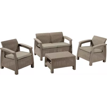 Conjunto de mobiliário de jardim KETER Corfu de 3 peças bege em efeito rattan com almofadas cinzentas